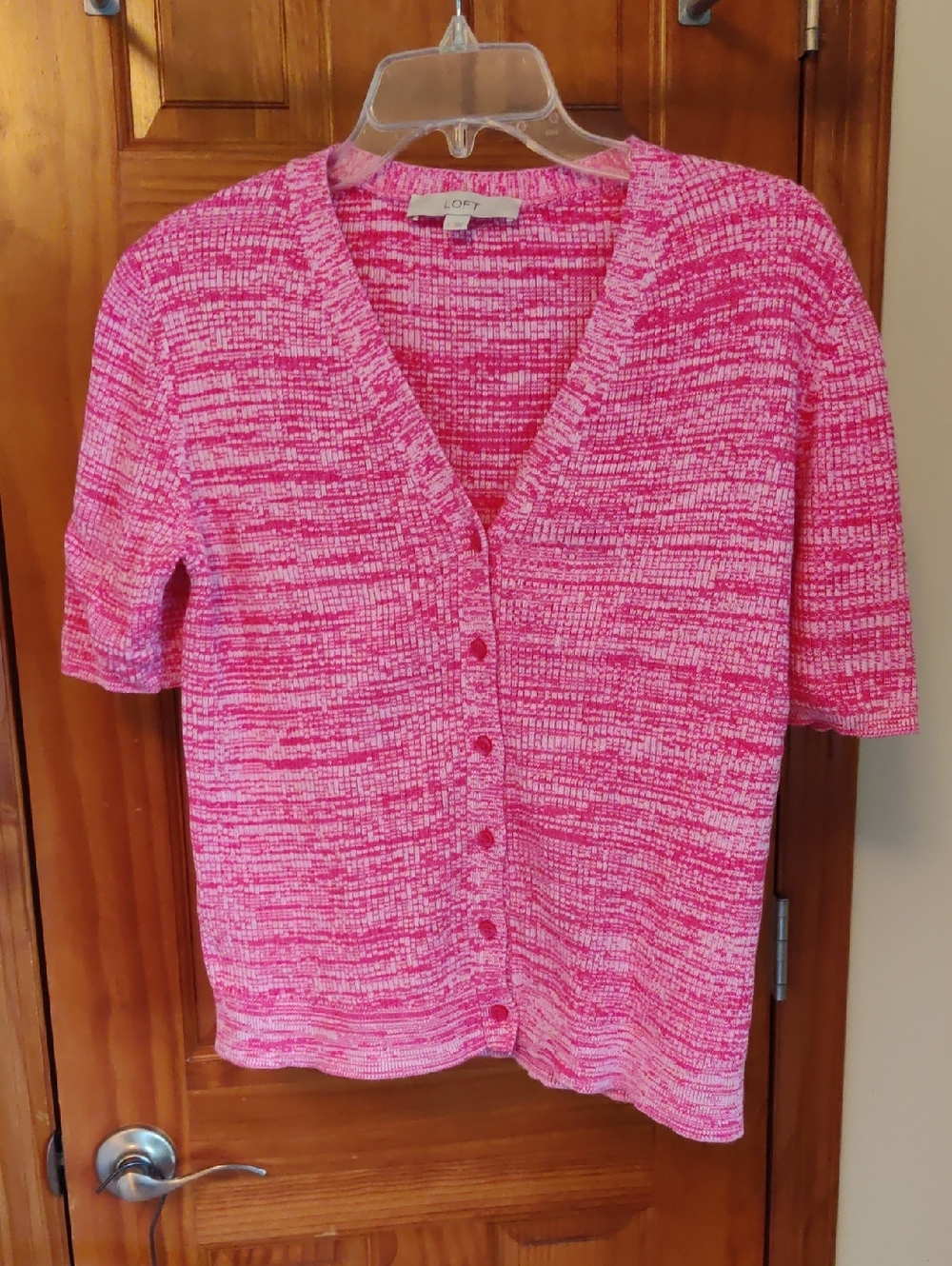 LOFT Pink Marled Short  Sleeve Button Cardigan